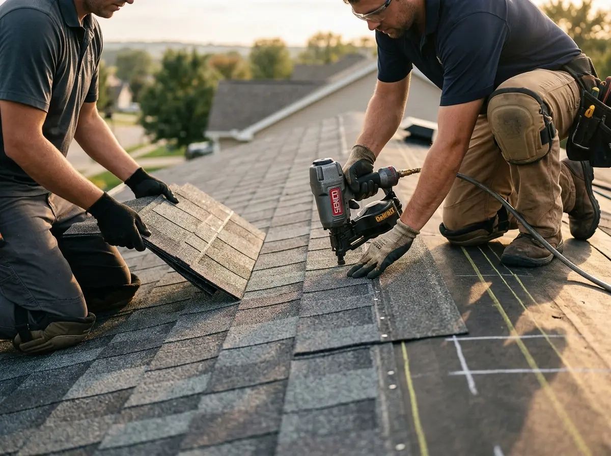 Professional roofer working on a residential roof in Warminster